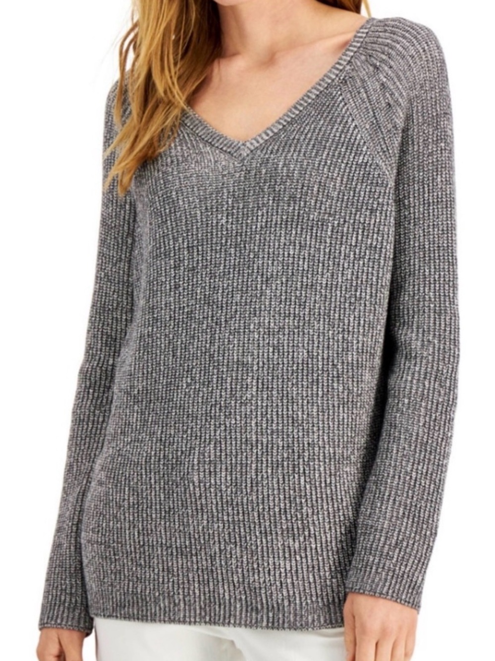 Eileen Fisher Gray Ribbed V-Neck Sweater